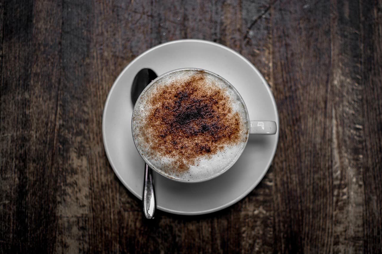 A cappuccino dusted with cocoa on a dark wooden table